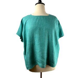 Eileen Fisher Teal Green 100% Linen Short Sleeve Blouse w/pockets Women's XL